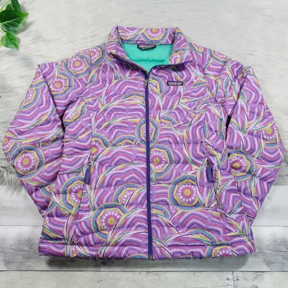 PATAGONIA Purple Printed Down Puffer Jacket Zip-Up Girls Size XL / 14 - Picture 2 of 12